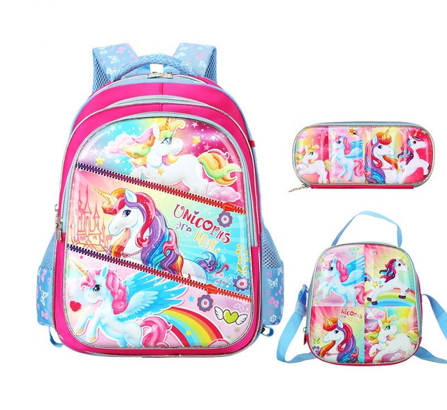 3D Girls Student Bookbag 3 en 1 Ensemble de sac à dos scolaire pour enfants avec sac à lunch et étui à crayons