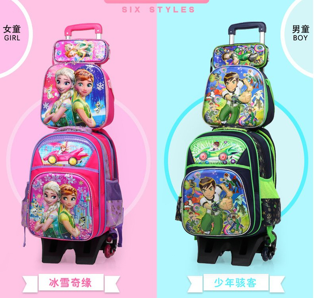 Ensemble de sac de chariot d'école de bande dessinée 3D avec le cas de crayon de sac de déjeuner pour des enfants